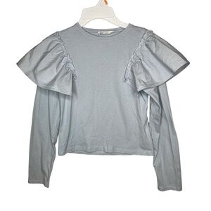 Zara Girls Size 8 Shirt Long Sleeve Ruffles Blouse Baby Blue Cotton Top